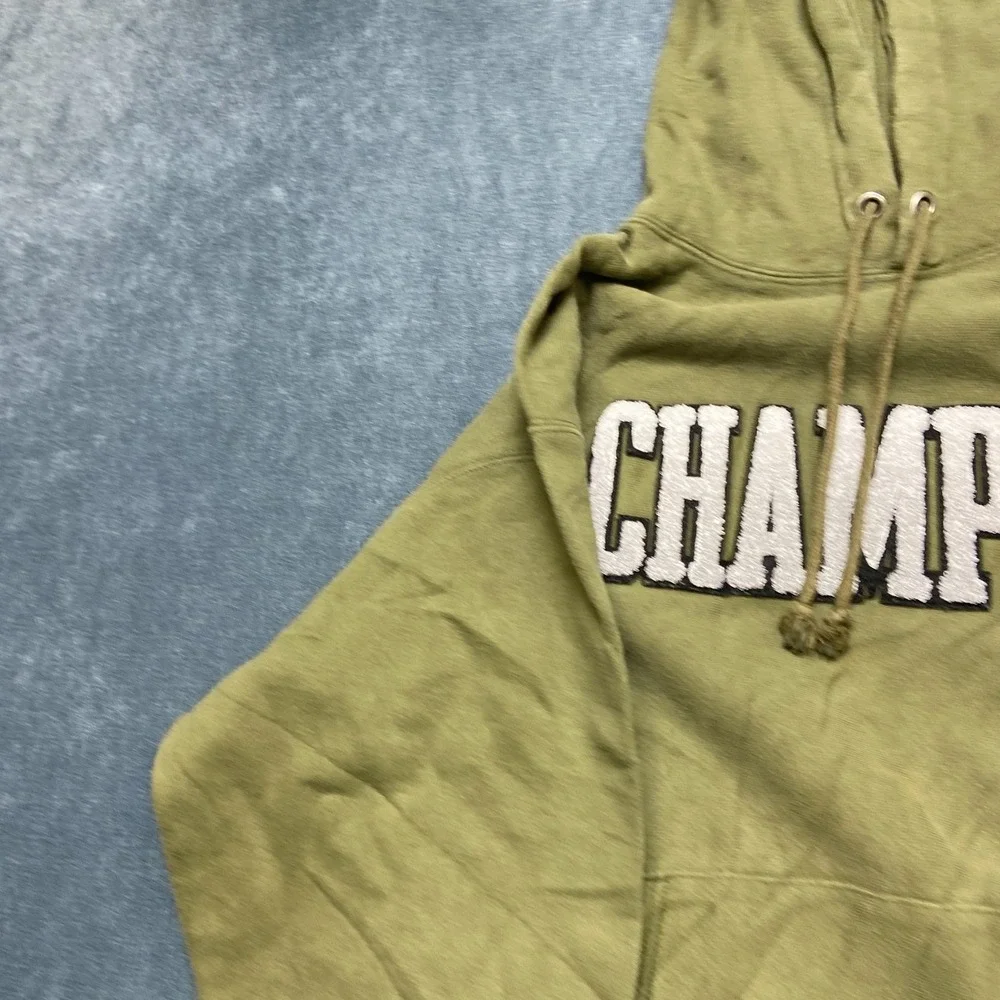 VTG Champion Reverse Weave Hoodie Mens Large Olive Green Logo Drawstring